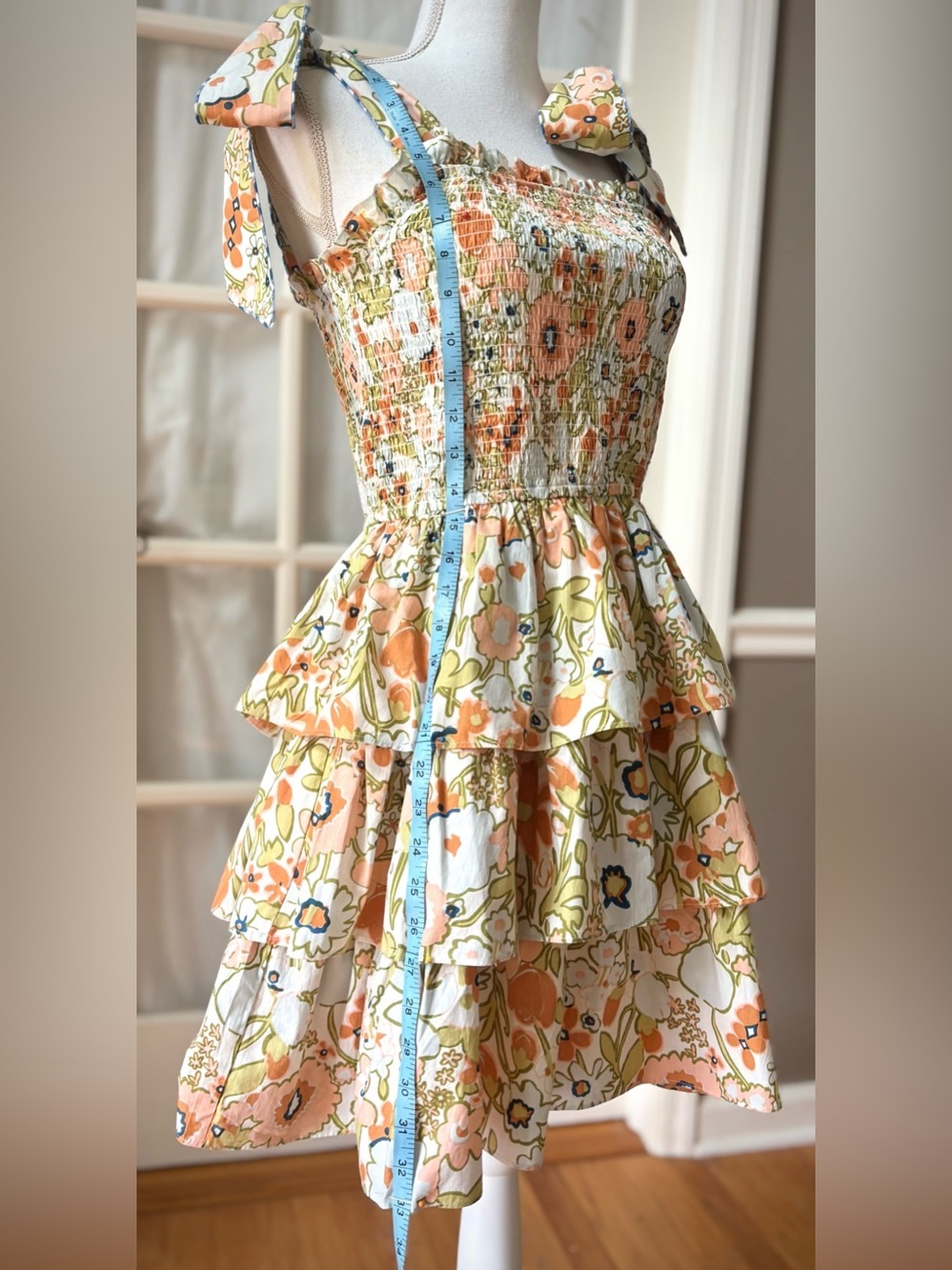 Cleobella Floral Smocked Tie Shoulder Tiered Organic Cotton Mini Dress M - Picture 10 of 11